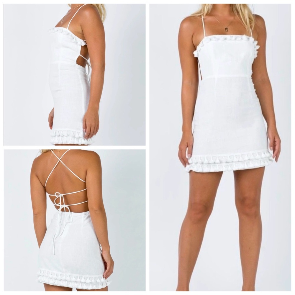 Princess Polly Fiorella Mini Dress Linen Blend Tie Back Pom Trim White Size 4